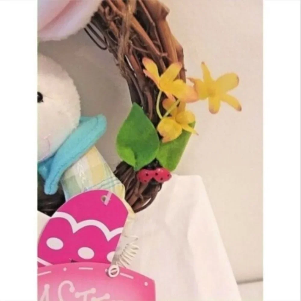 Easter Wreath GRAPEVINE with Stuffed Bunny Ladybug Flowers Wood Sign New